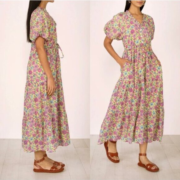 Banjanan NWT Poppy Puff Sleeve Daisy Floral Maxi Dress Size XS Yellow Purple - Picture 2 of 11